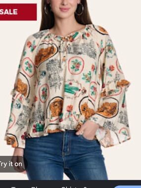 NWT blue b Cream Floral Western Peasant Blouse